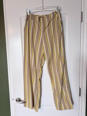 Zara khaki white and yellow striped linen pants